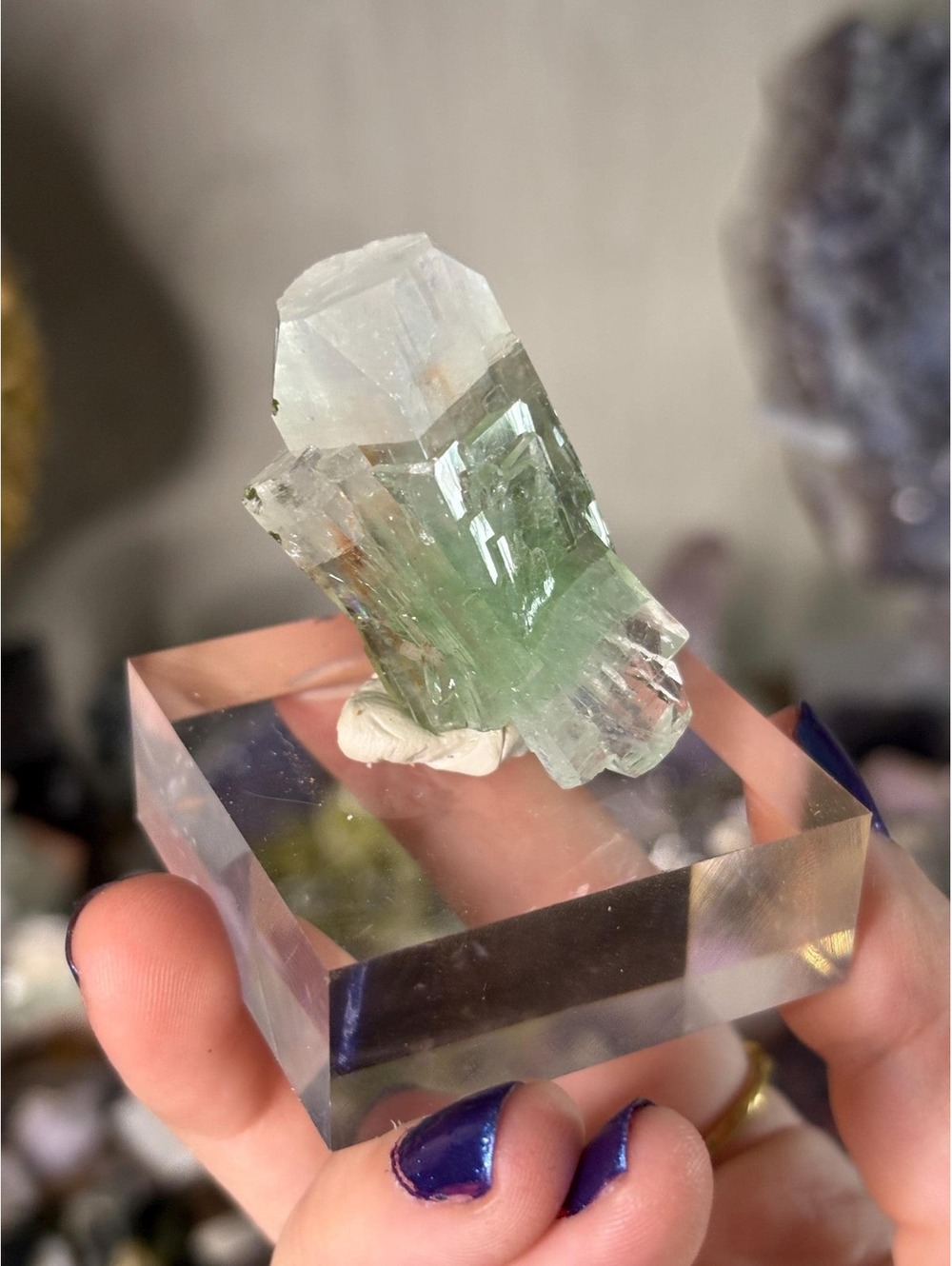 Indian Green Apophyllite Crystal | Rainbow Inclusions, Acrylic Base